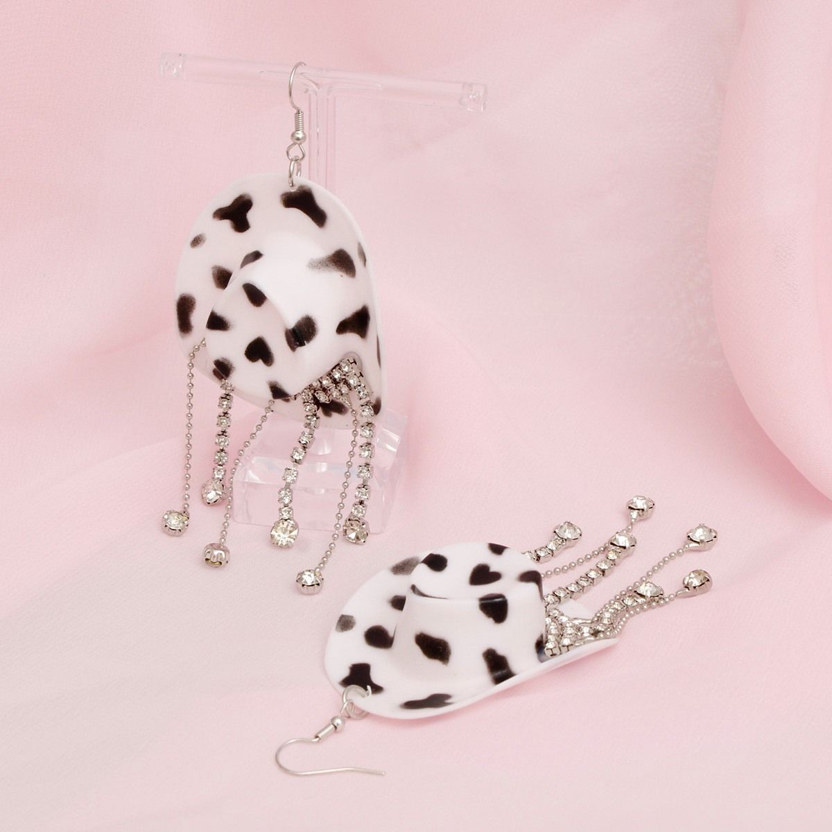 Fish Hook White Black Cowgirl Hat Fringe Earrings