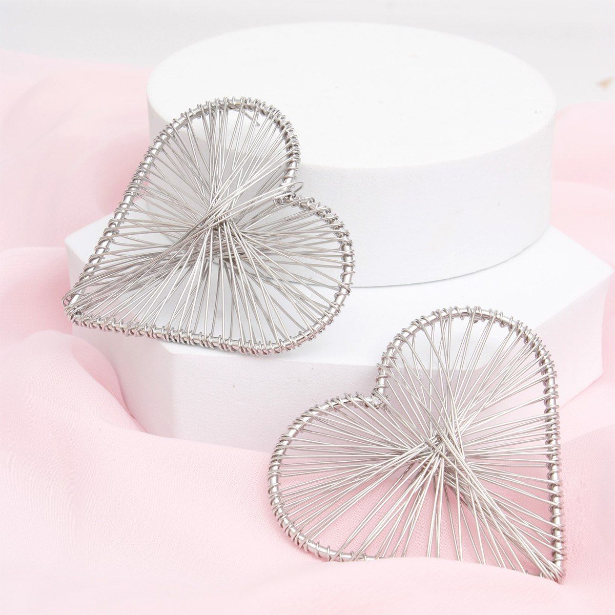 Stud Silver Wire Wrapped Angled Heart Earrings