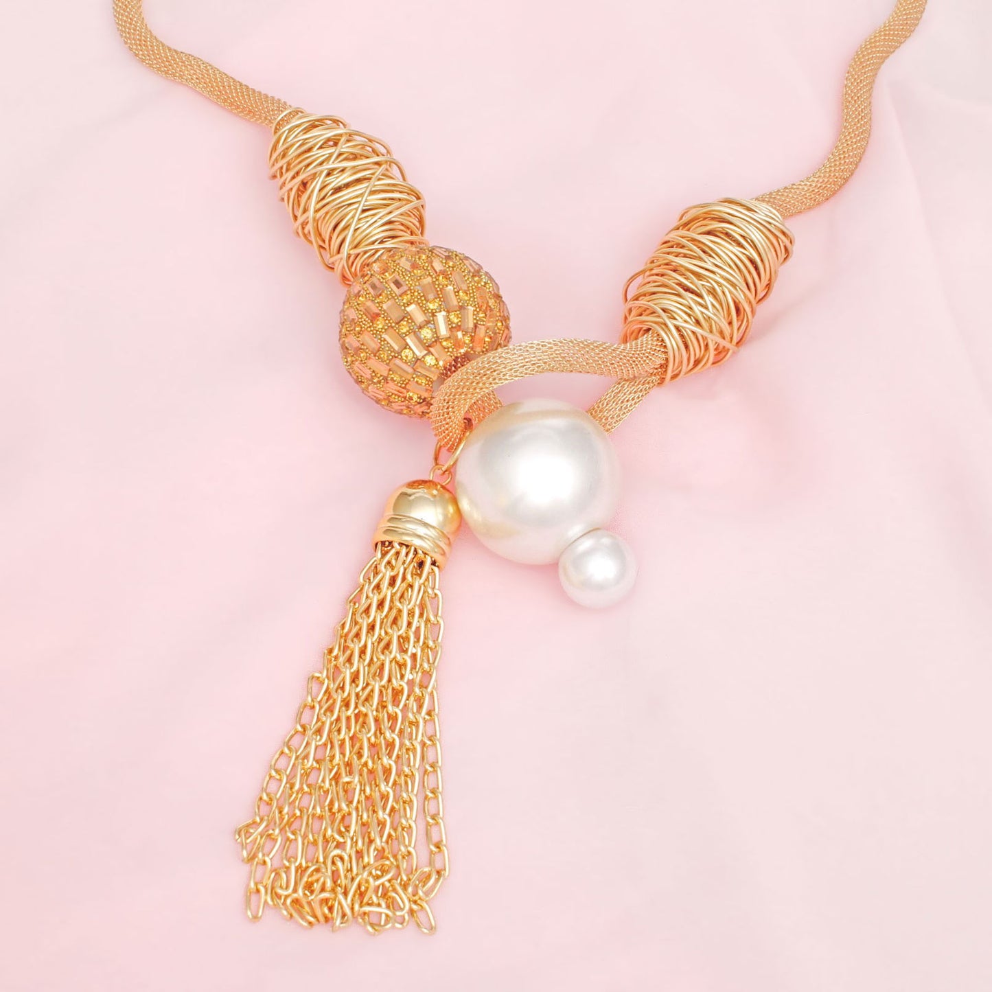 Toggle Pearl and Brown Tassel Gold Chain Necklace