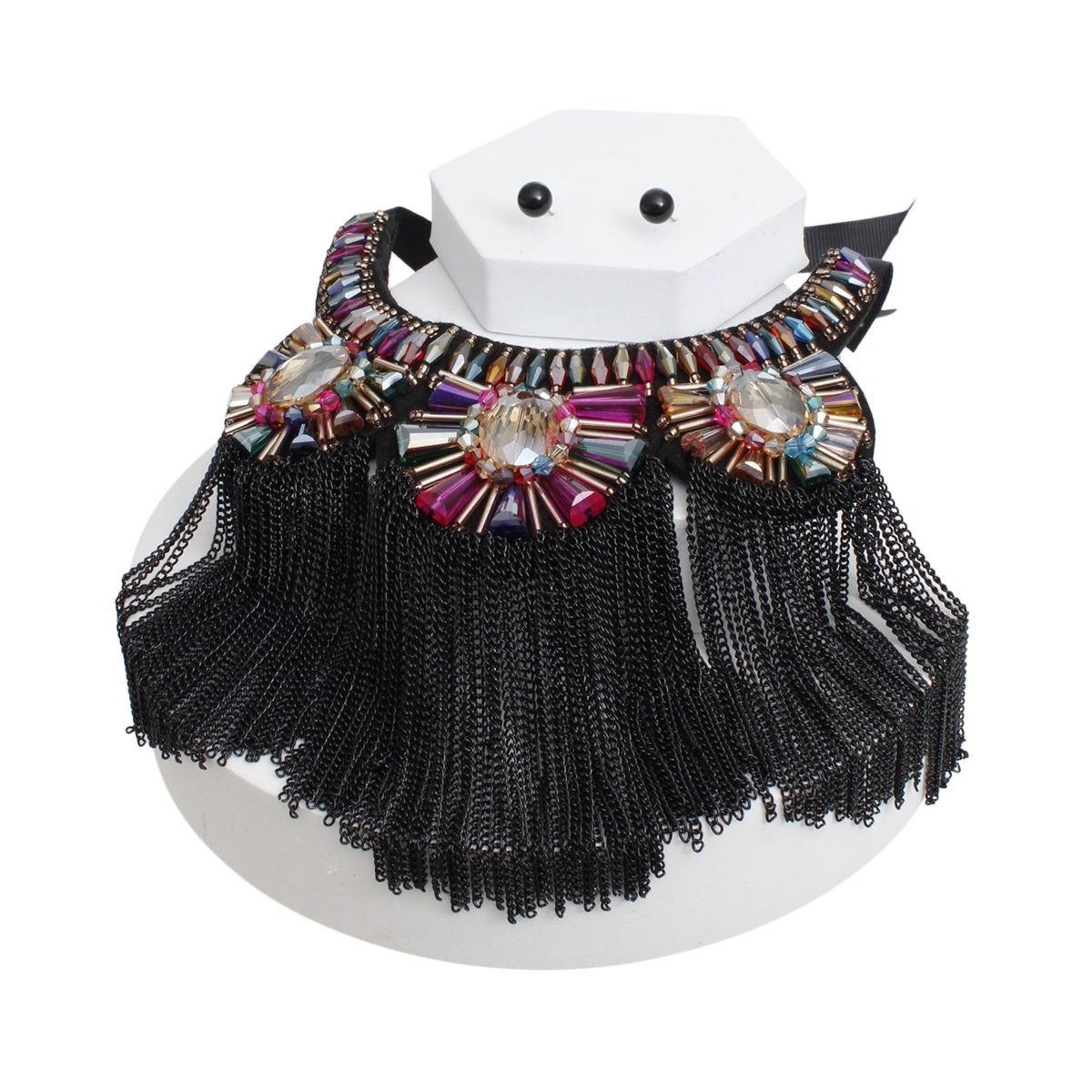 Bib Black Adjustable Beaded Fringe Necklace