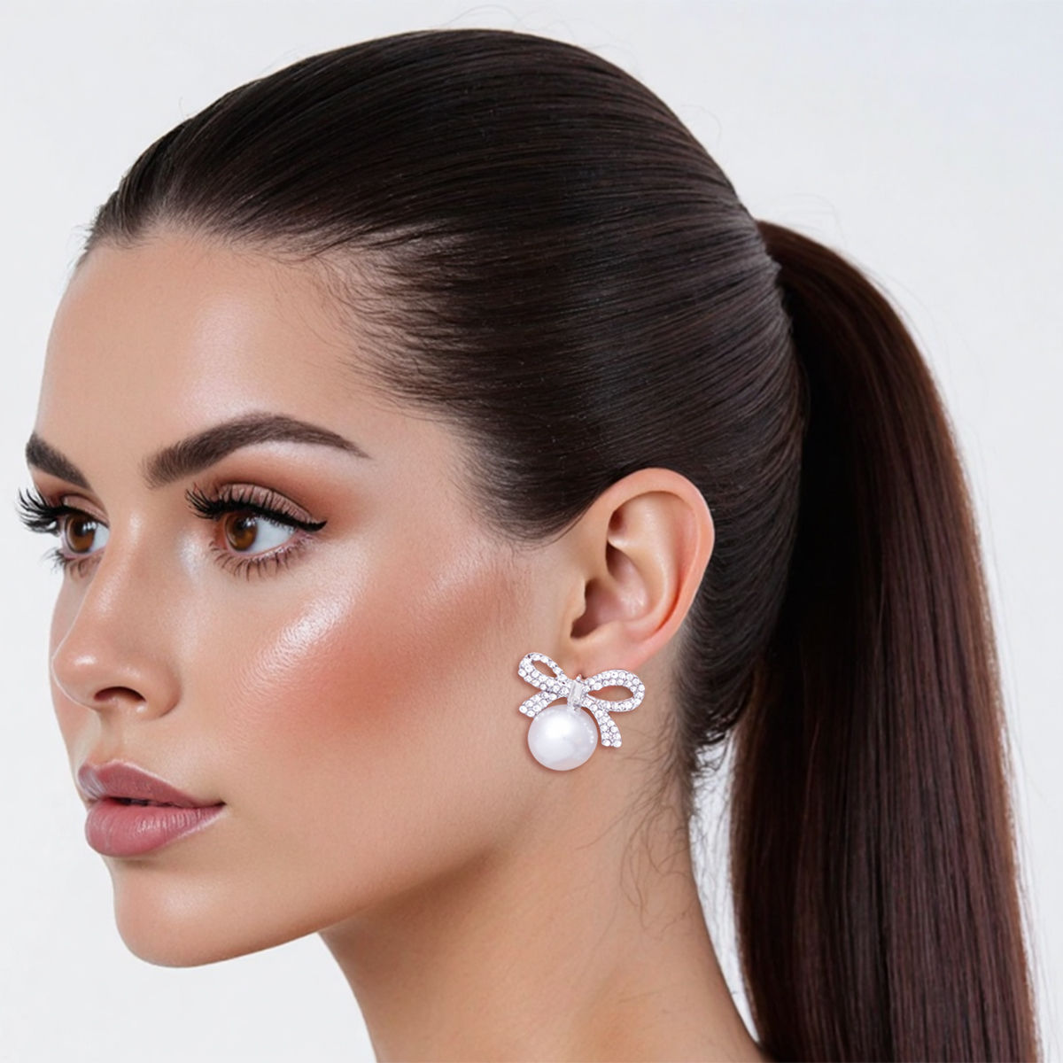 Studs Silver Ribbon Bow White Pearl Earrings Women