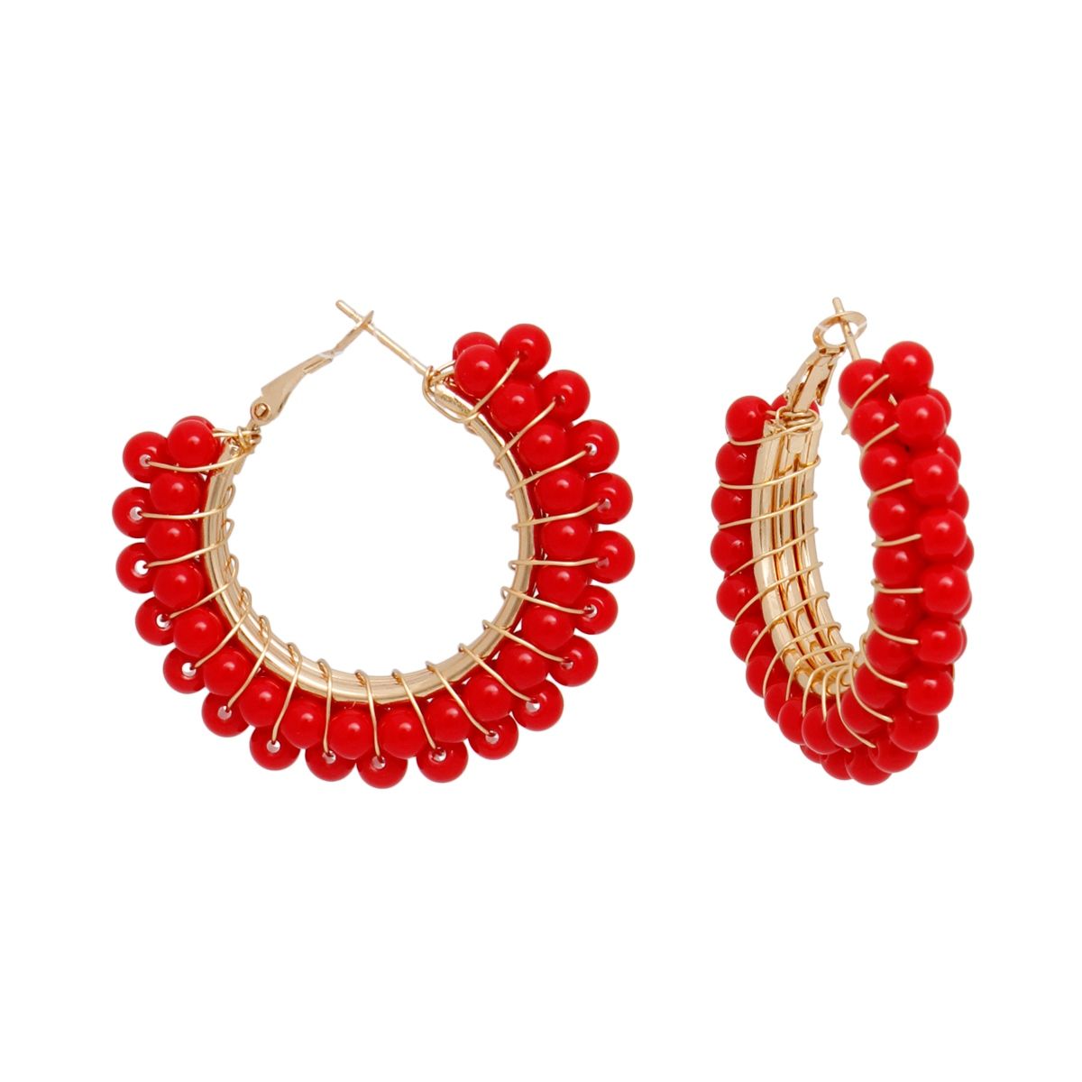 Hoops Red Bead Gold Wire Wrapped Earrings Women