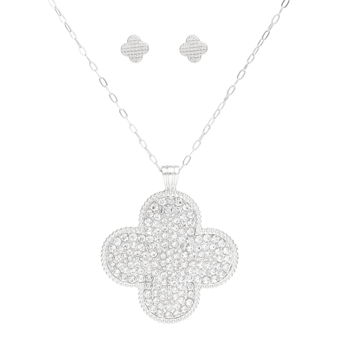 Pendant Rhinestone Quatrefoil Silver Necklace Set