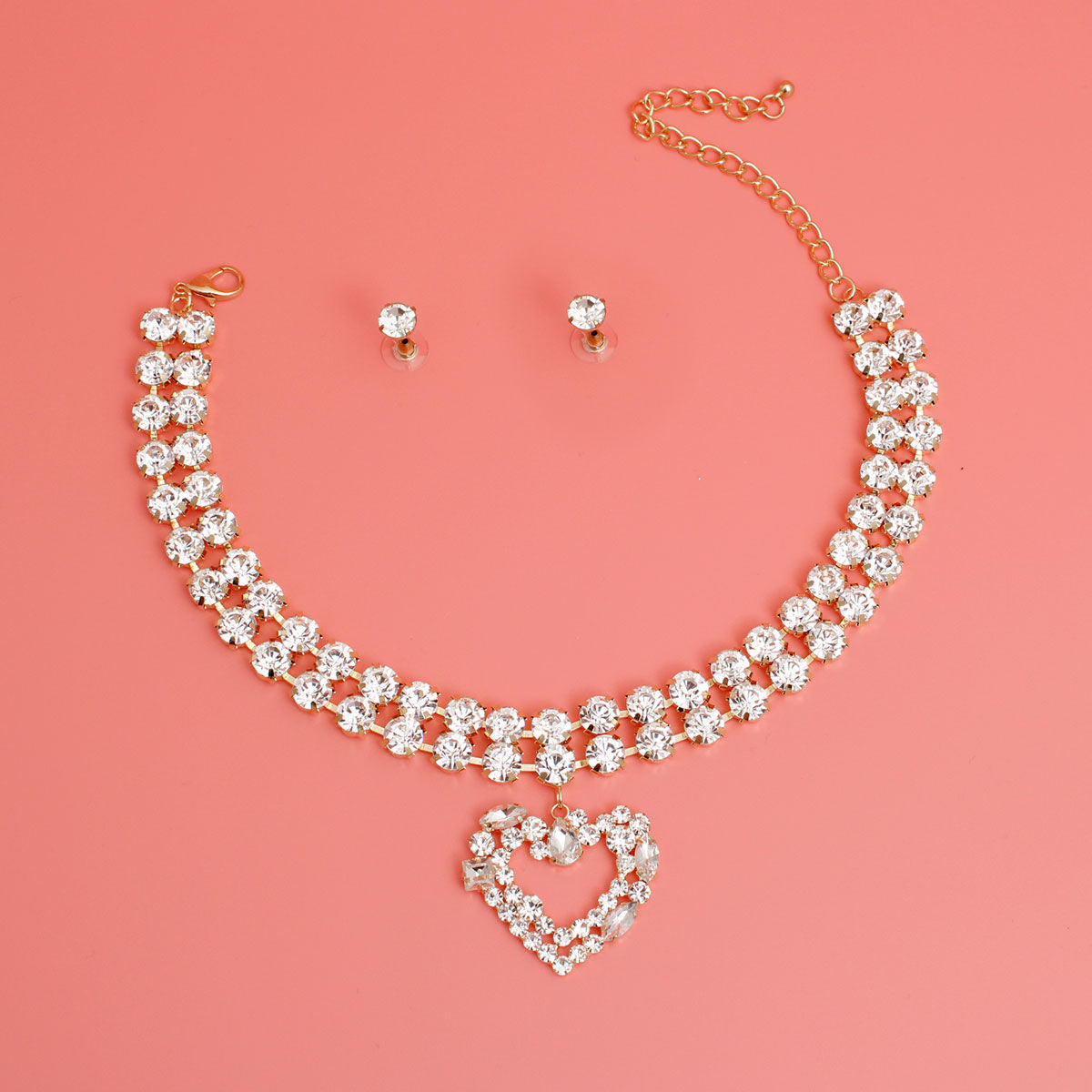 Gold Crystal 2 Row Heart Choker Set