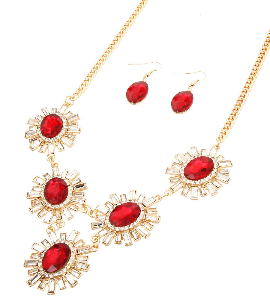 Red Flower Pendant Necklace Set
