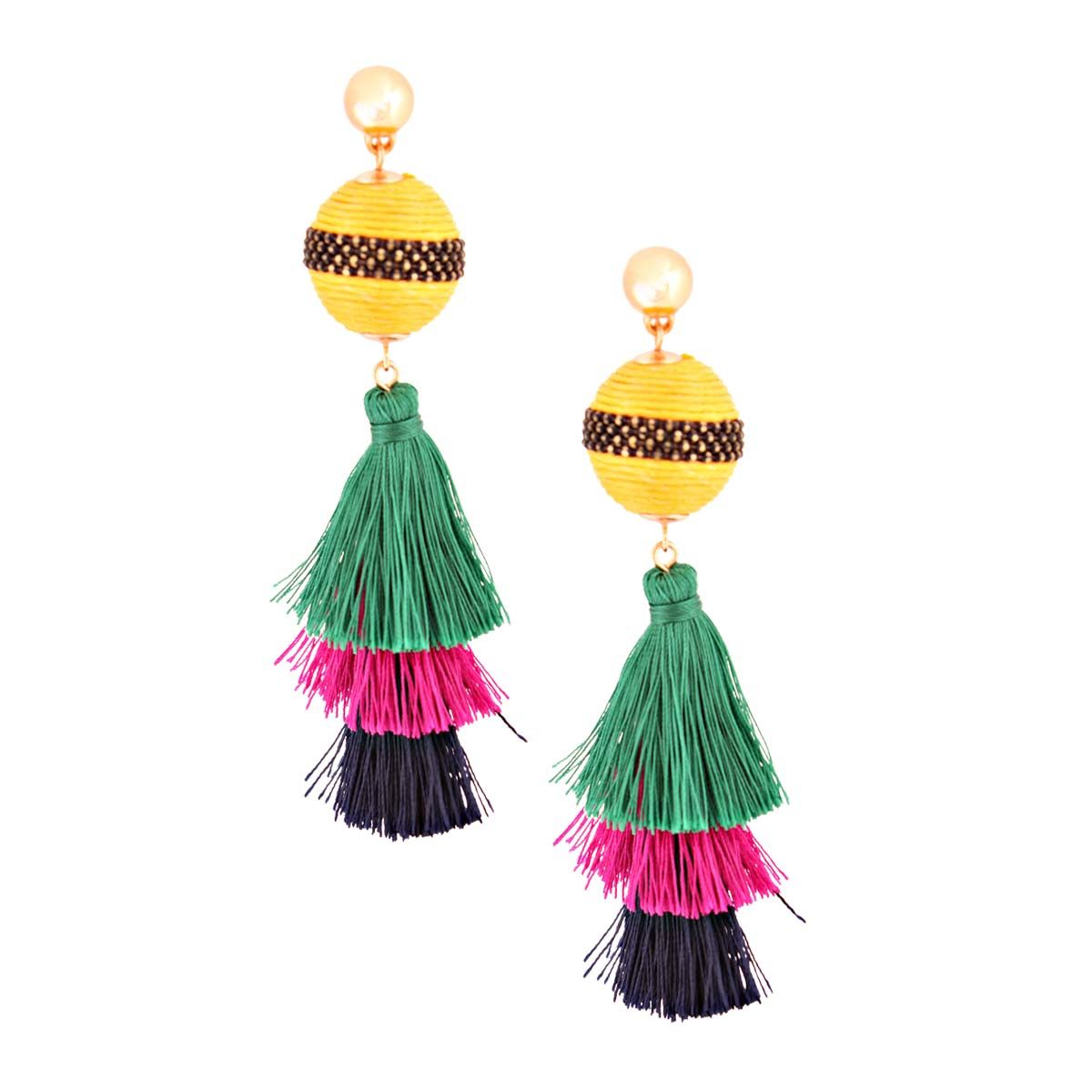 Wrapped Ball Stacked Tassel Earrings