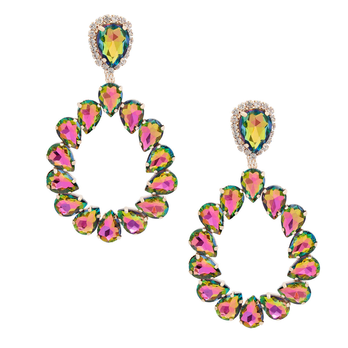 Brilliant Pink Green Crystal Teardrop Earrings