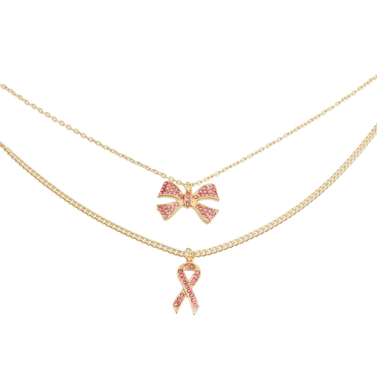 Pink Ribbon Double Layer Gold Necklace Set