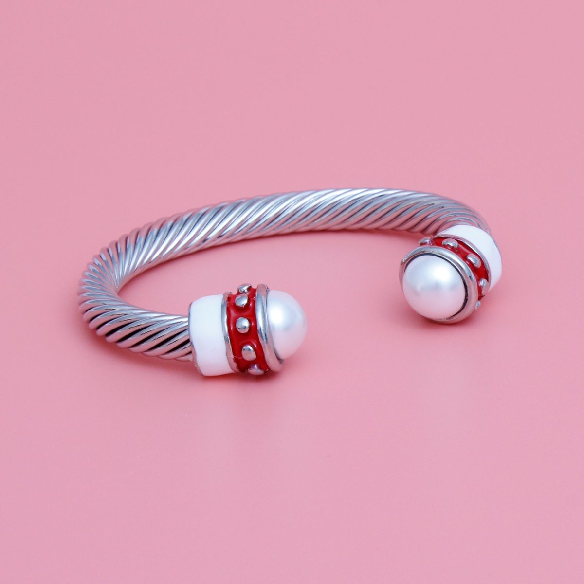 DST Red White Thick Cable Classic Silver Bangle