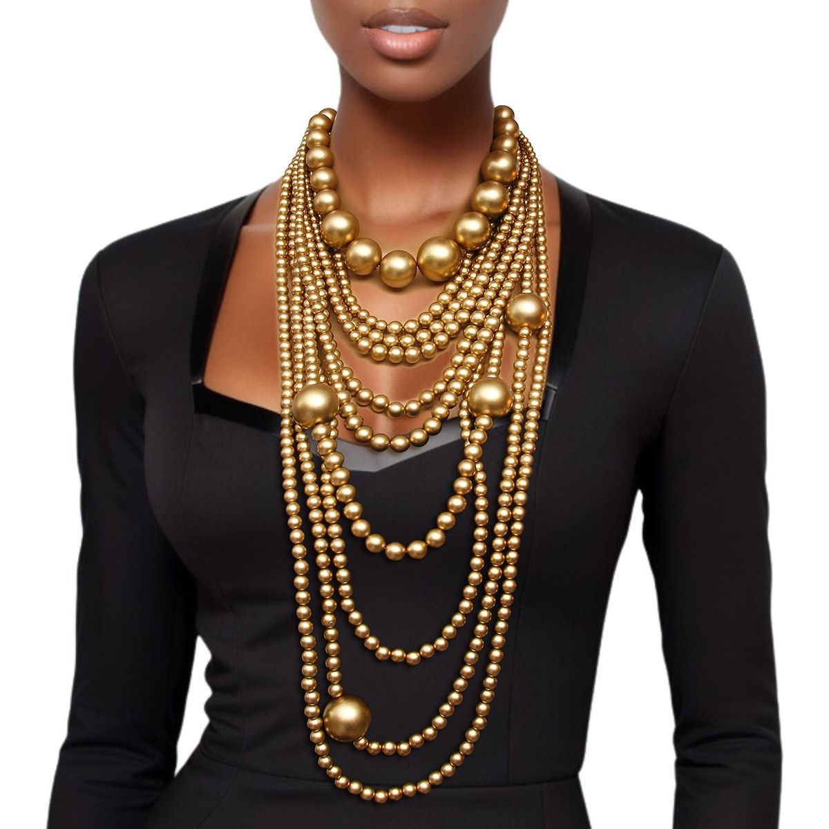 Pearl Jumbo Matte Gold 10 Strand Long Necklace