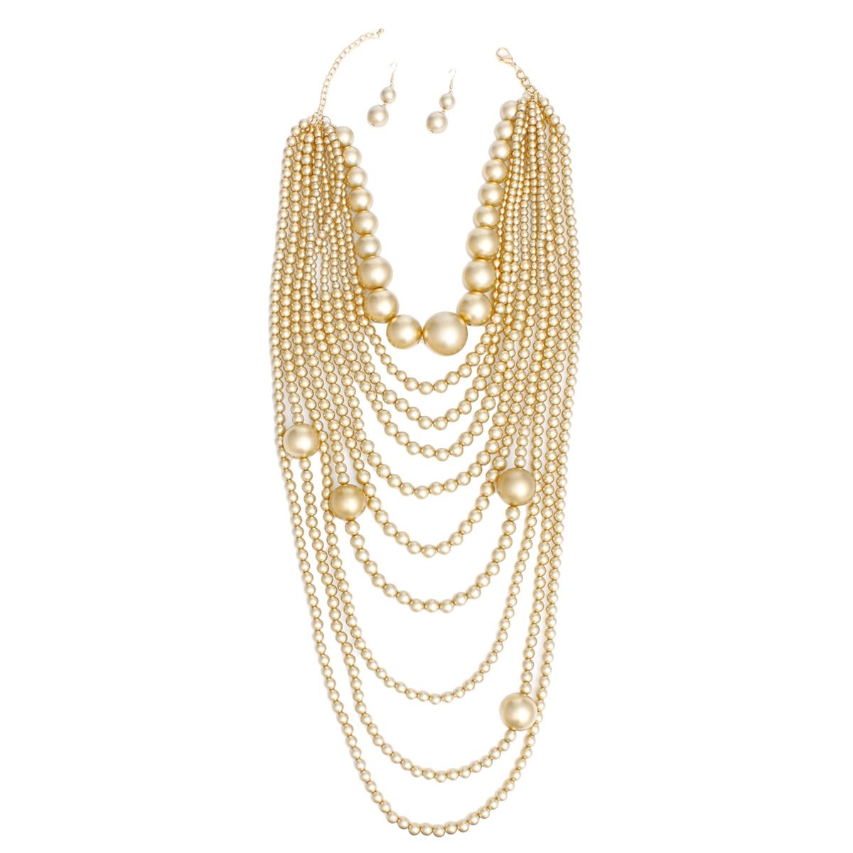 Pearl Jumbo Matte Gold 10 Strand Long Necklace