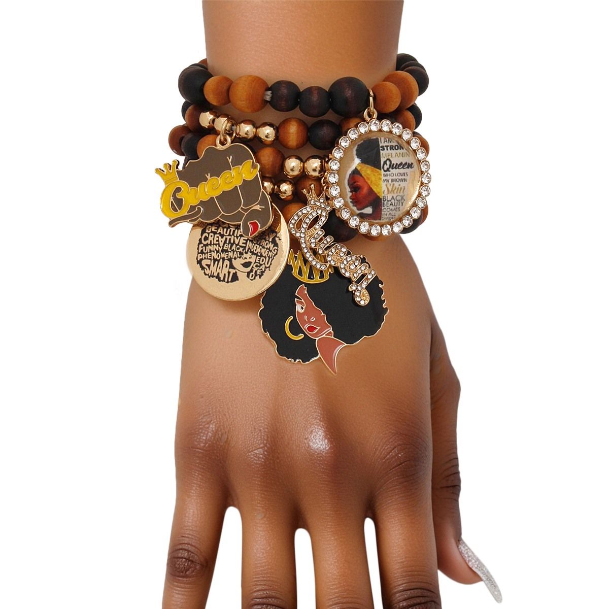 Bracelets Wood Bead Black Queen Charm Set