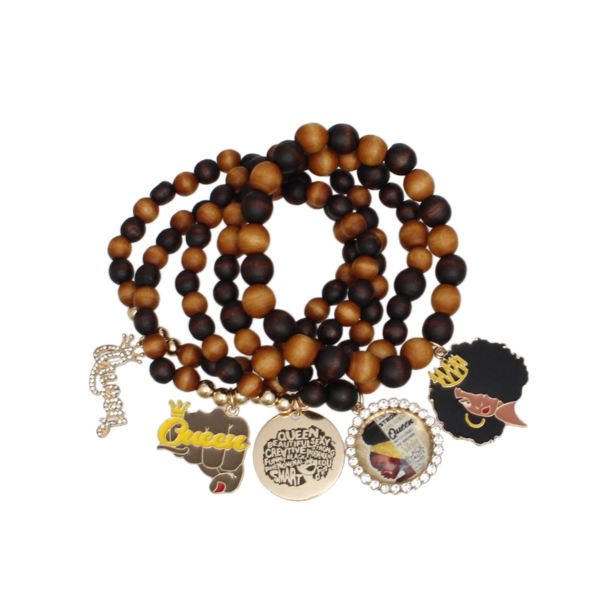 Bracelets Wood Bead Black Queen Charm Set