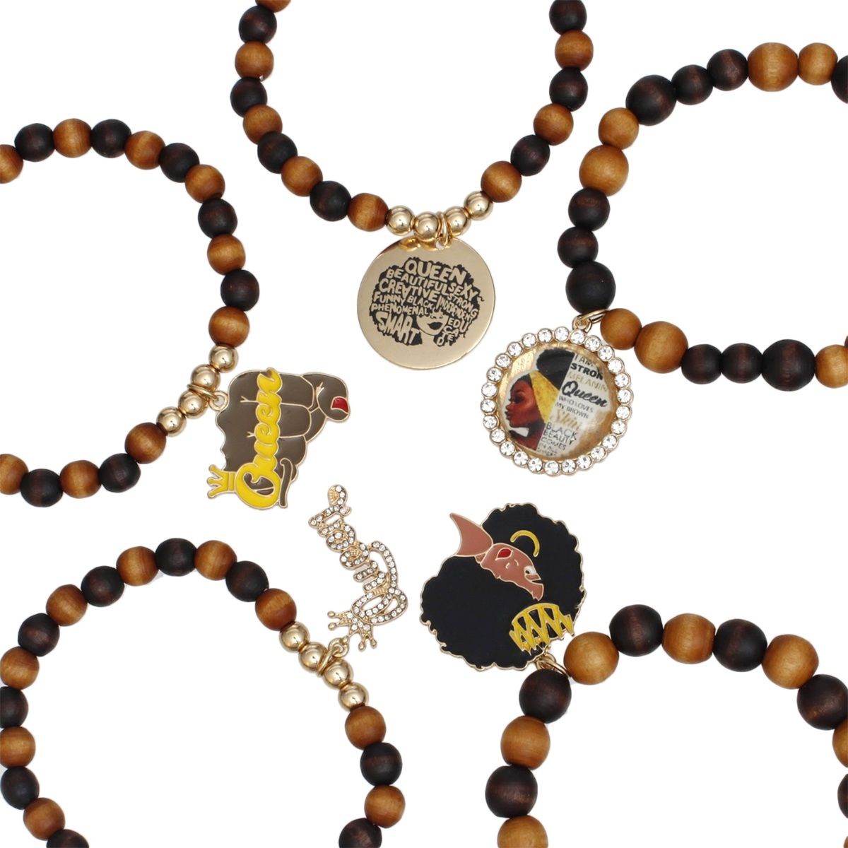 Bracelets Wood Bead Black Queen Charm Set