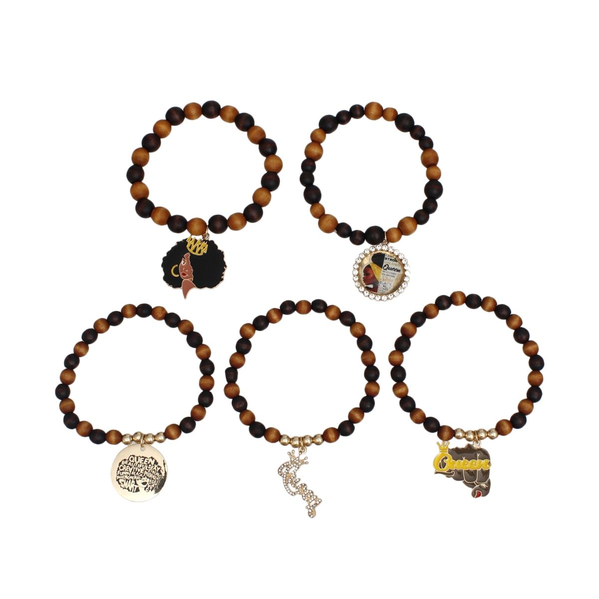 Bracelets Wood Bead Black Queen Charm Set