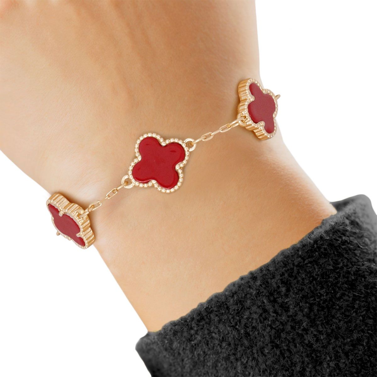 Bracelet Gold Red Quatrefoil Clover 5 Motifs