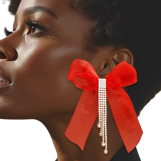 Tassel Red Ribbon Bow Sparkling Fringe Earrings