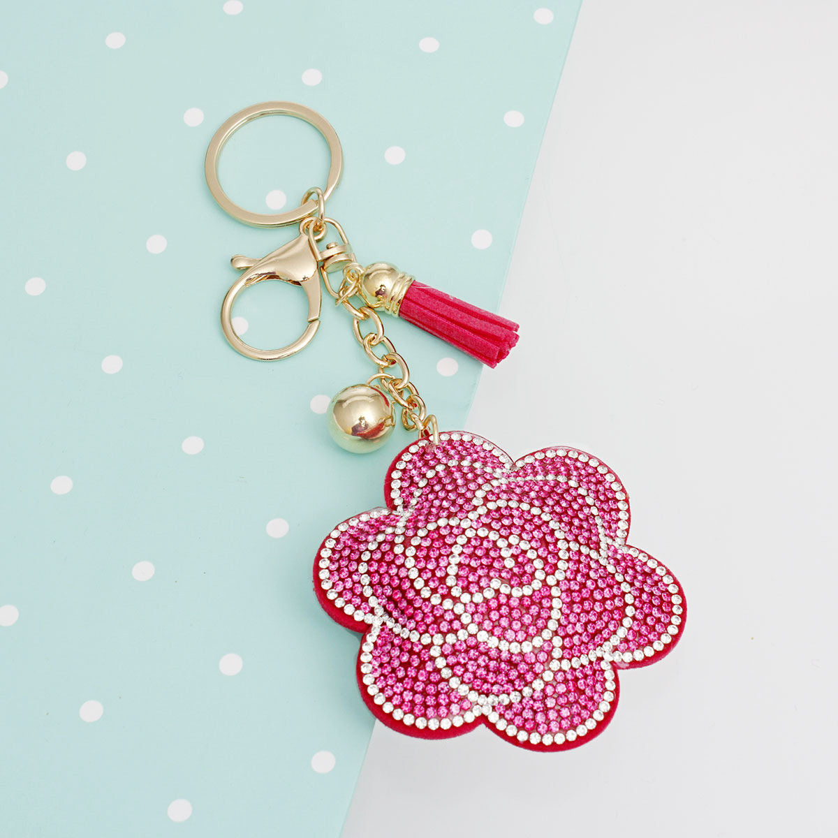 Keychain Glam Pink Rhinestone Flower Padded Charm