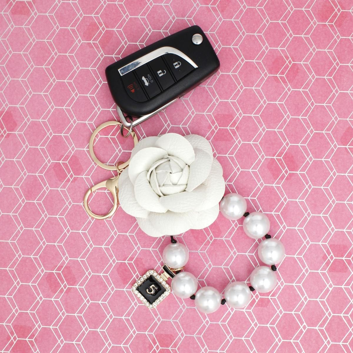 Keychain White Camellia Pearl Wristlet Bag Clip