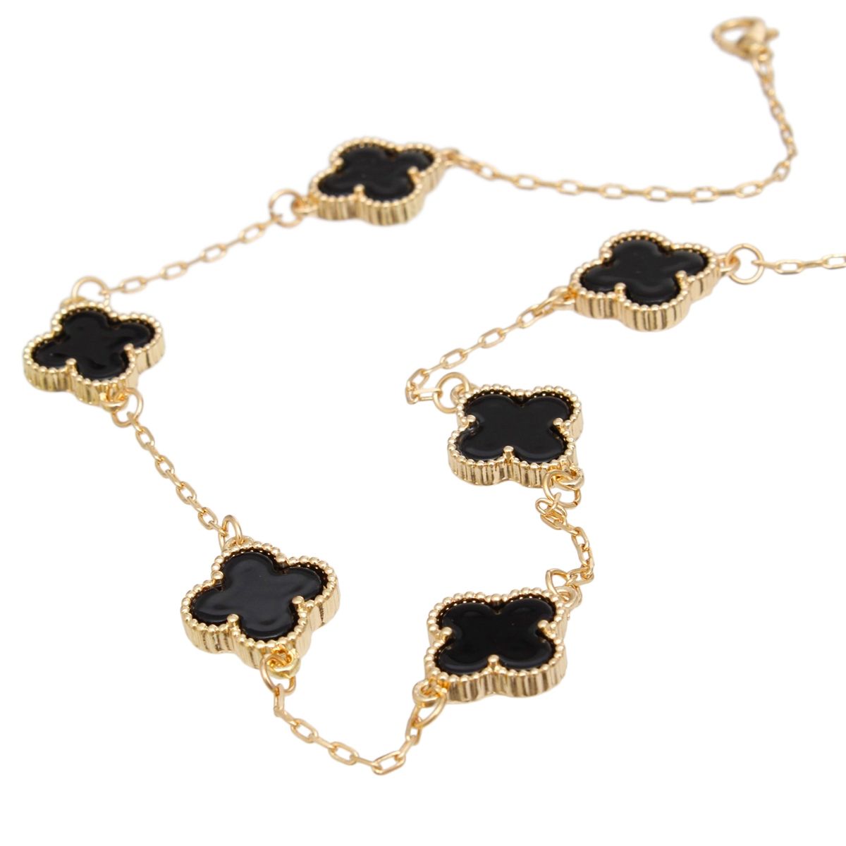 Necklace Gold Black Quatrefoil Clover 7 Motifs