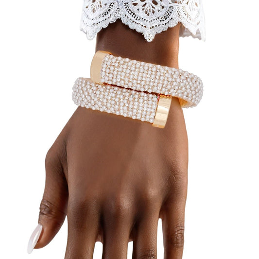 Cuff Gold Pearl Rhinestone Crusted Wrap Bracelet