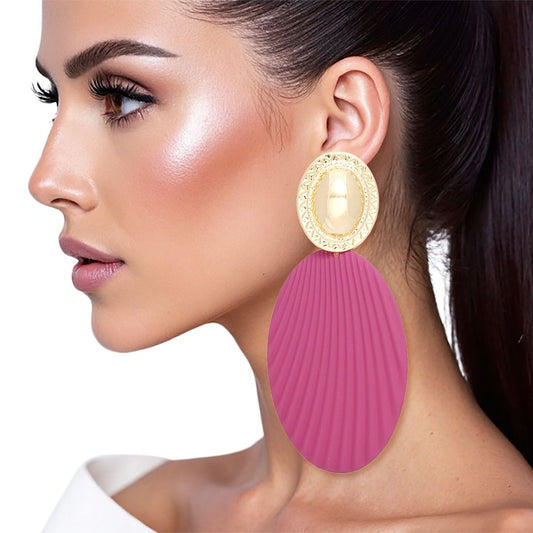 Drop Ribbed Fuchsia Oval Metal Gold Dome Earrings