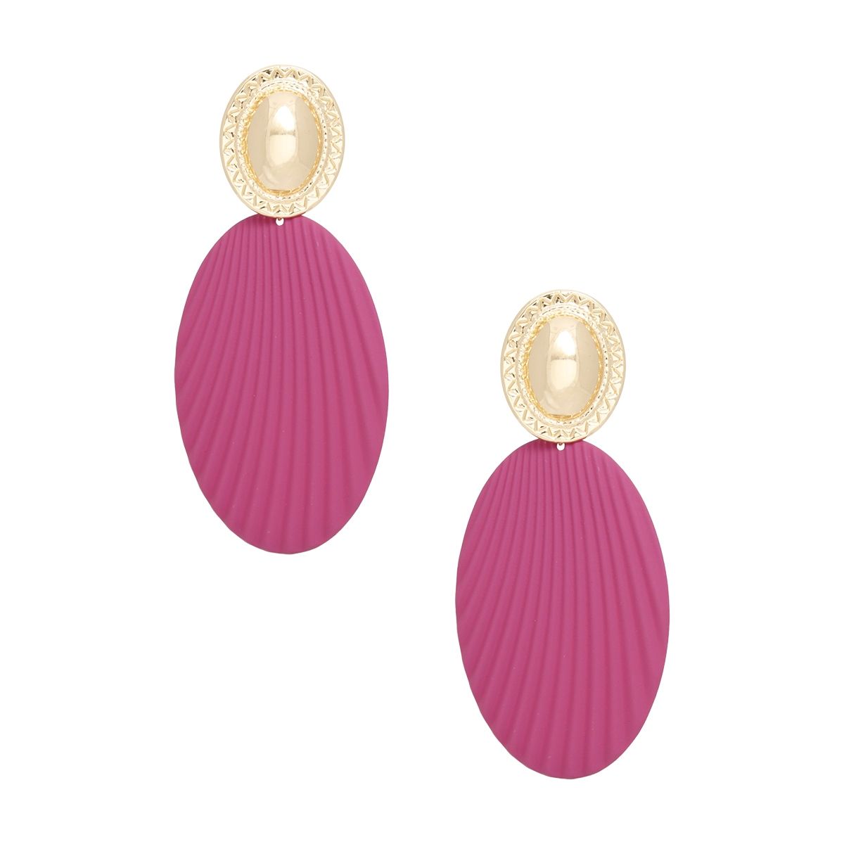 Drop Ribbed Fuchsia Oval Metal Gold Dome Earrings