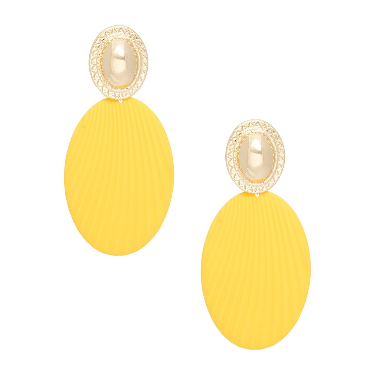 Drop Ribbed Yellow Oval Metal Gold Dome Earrings