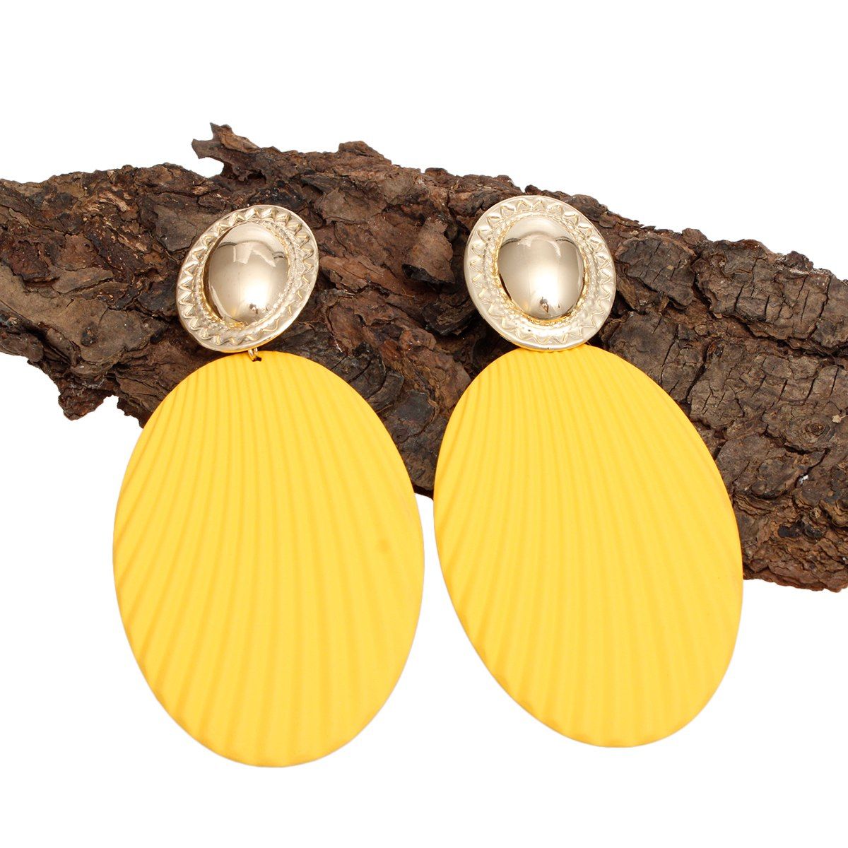 Drop Ribbed Yellow Oval Metal Gold Dome Earrings