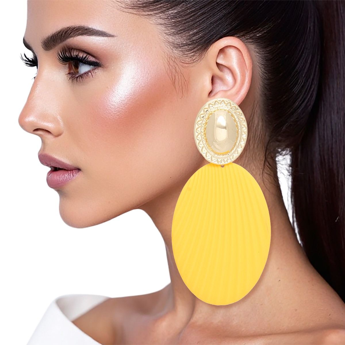 Drop Ribbed Yellow Oval Metal Gold Dome Earrings