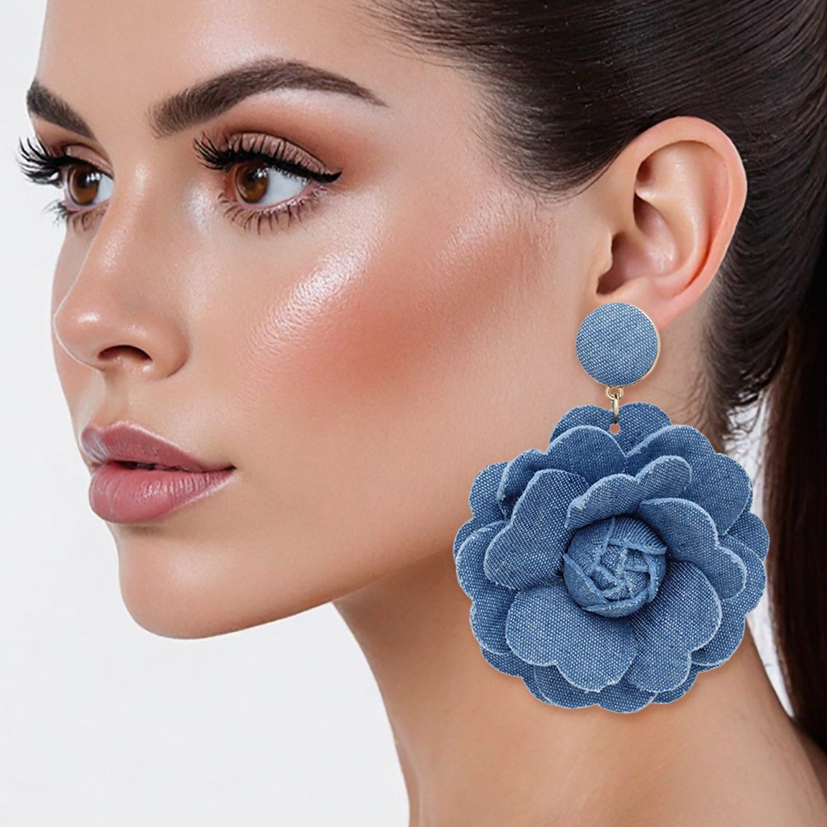 Drop Large Denim Blue Flower Earrings for Women