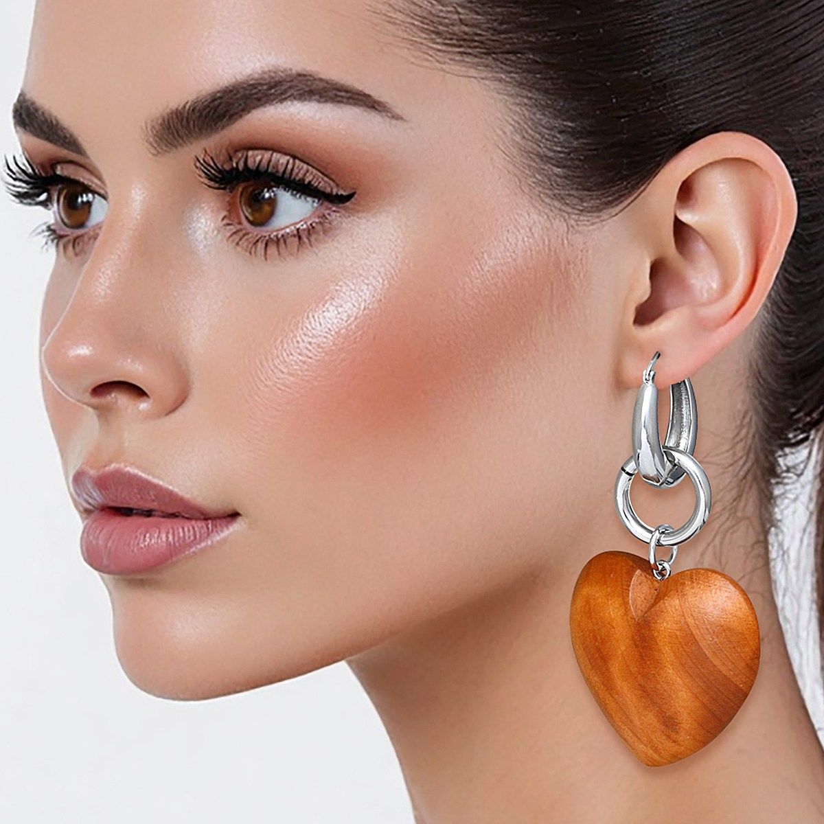 Hoops Large Wooden Heart Silver Earrings for Women