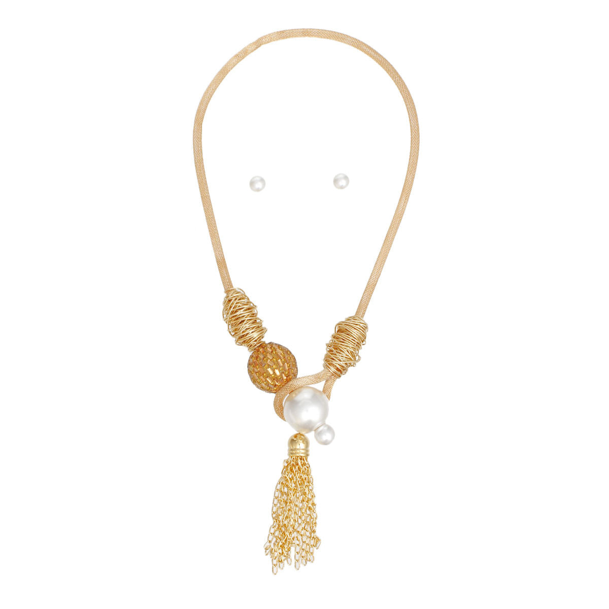 Toggle Pearl and Brown Tassel Gold Chain Necklace