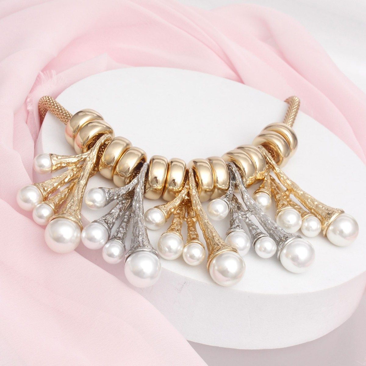Collar Mixed Metal Branched Pearl Necklace Set