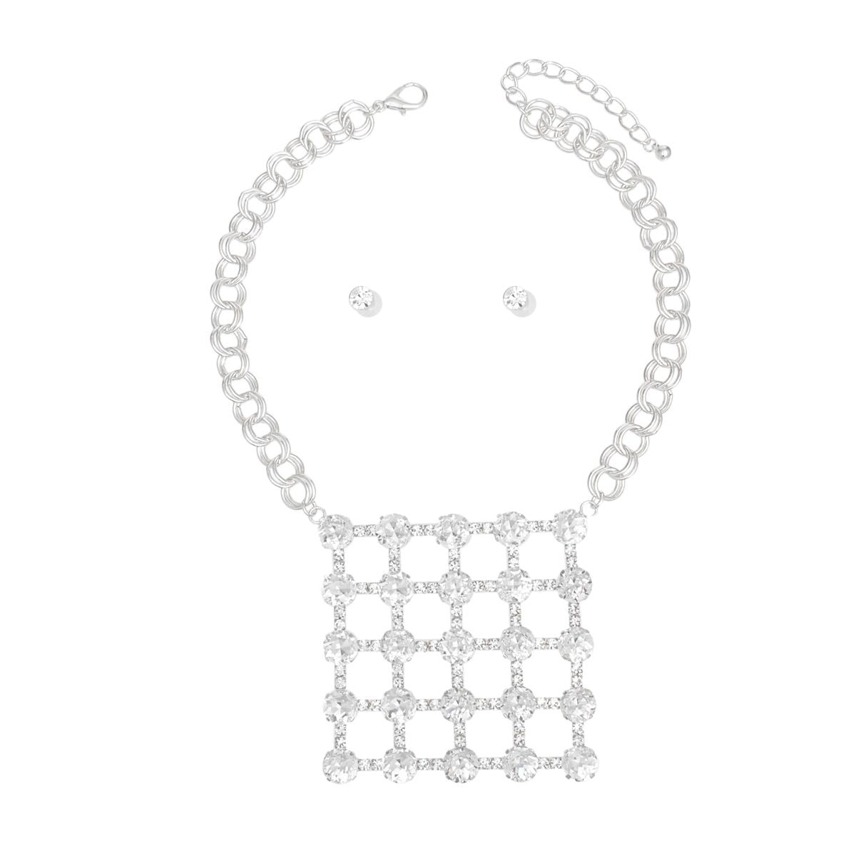 Pendant Silver Crystal Square Grid Chain Necklace