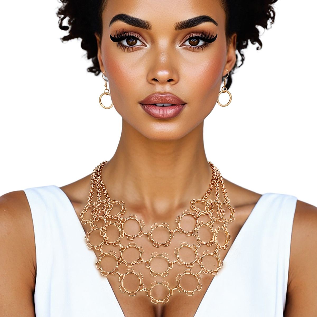 Chain Multi Row Multi Circle Gold Bib Necklace