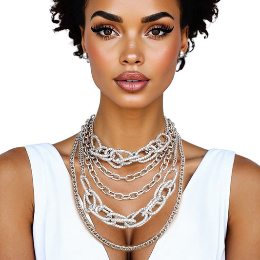 Layered Chain Silver Multi Link 5 Strand Necklace
