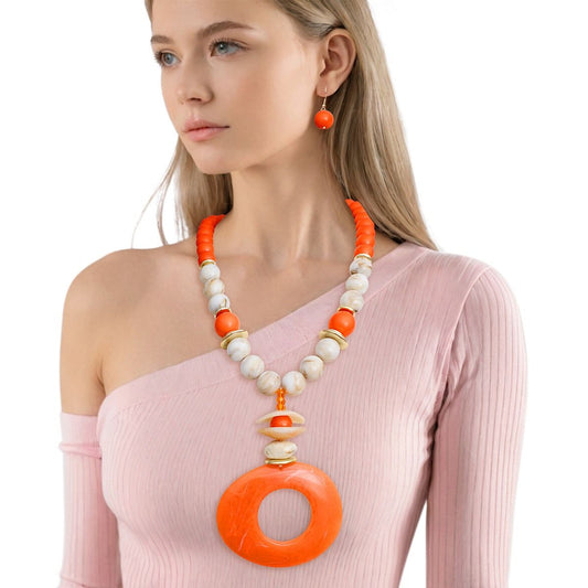 Pendant Orange Marble Bead Long Tribal Necklace