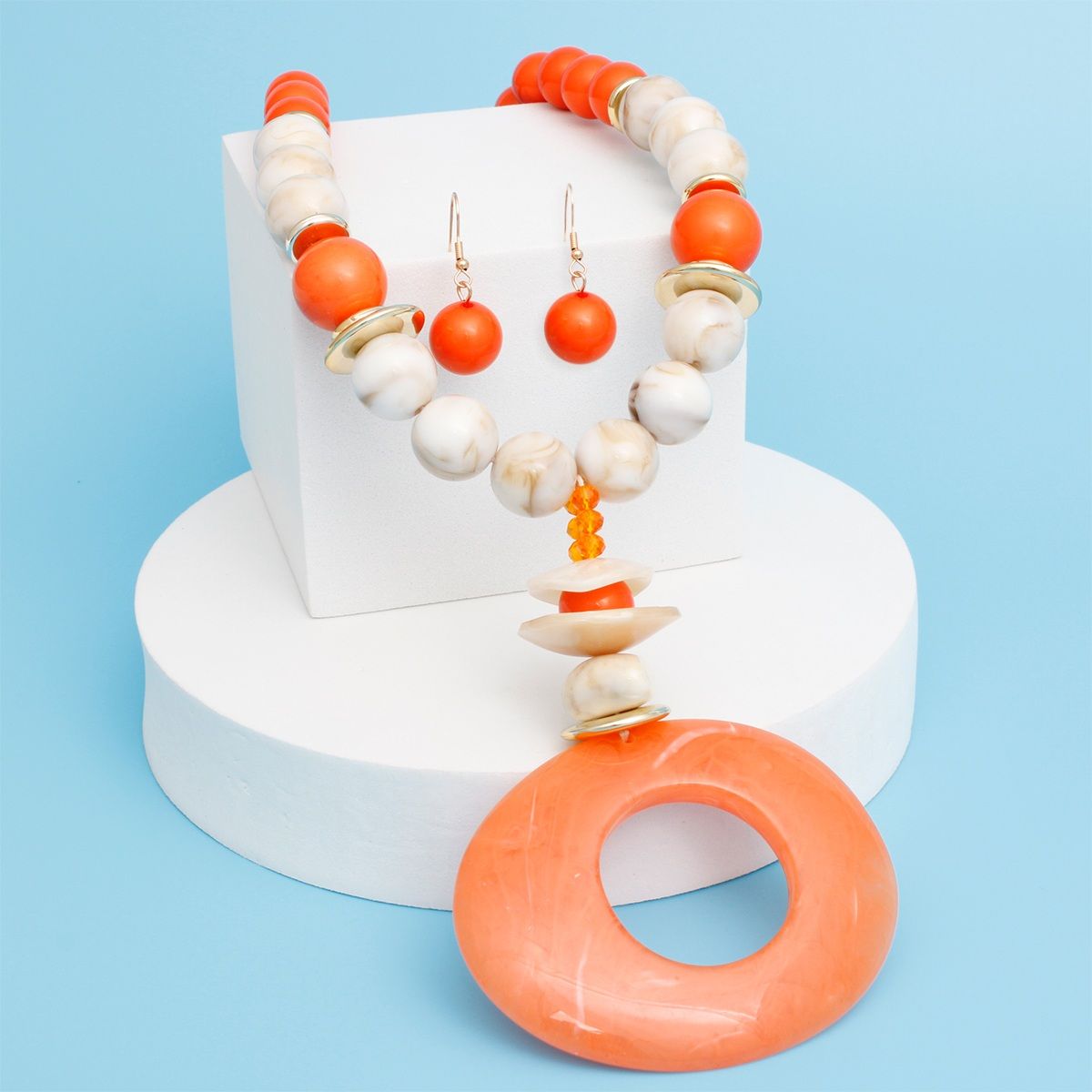 Pendant Orange Marble Bead Long Tribal Necklace