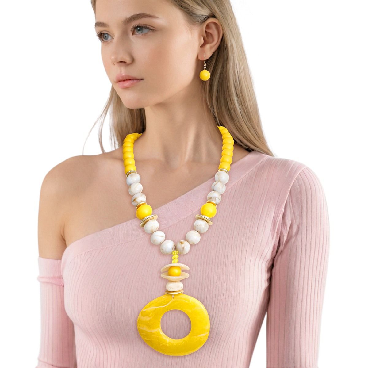 Pendant Yellow Marble Bead Long Tribal Necklace