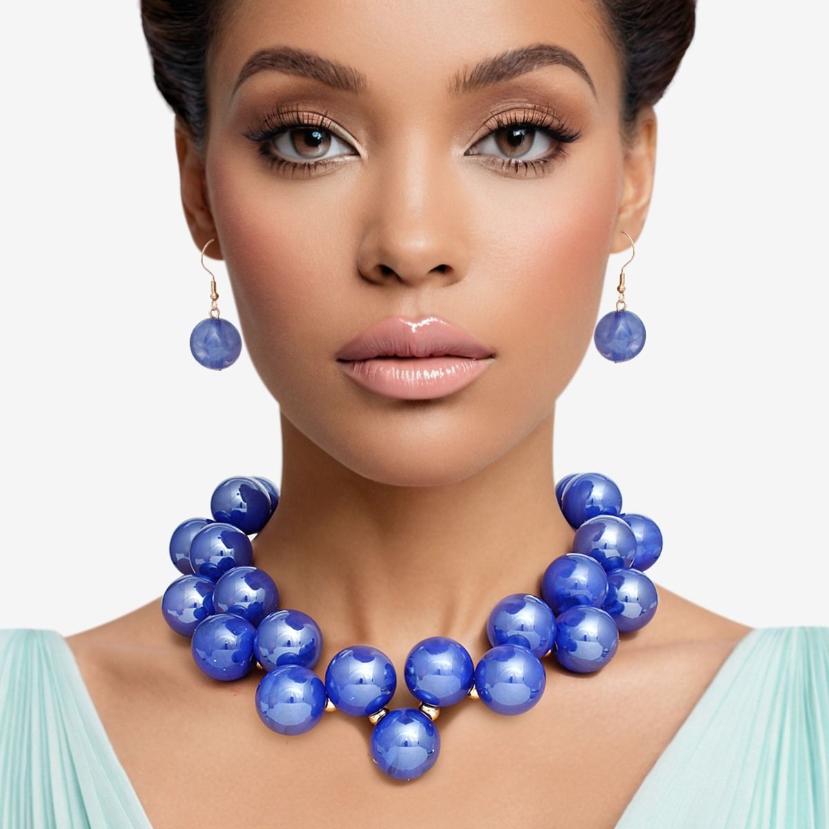 Necklace Blue Swirled Marble Bubble Ball Bead Set