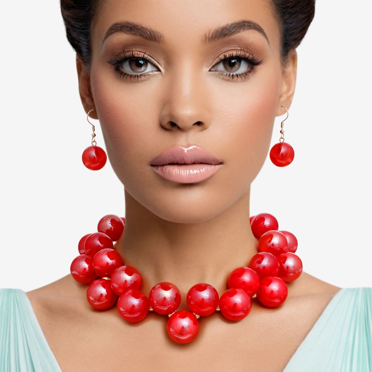 Necklace Red Swirled Marble Bubble Ball Bead Set