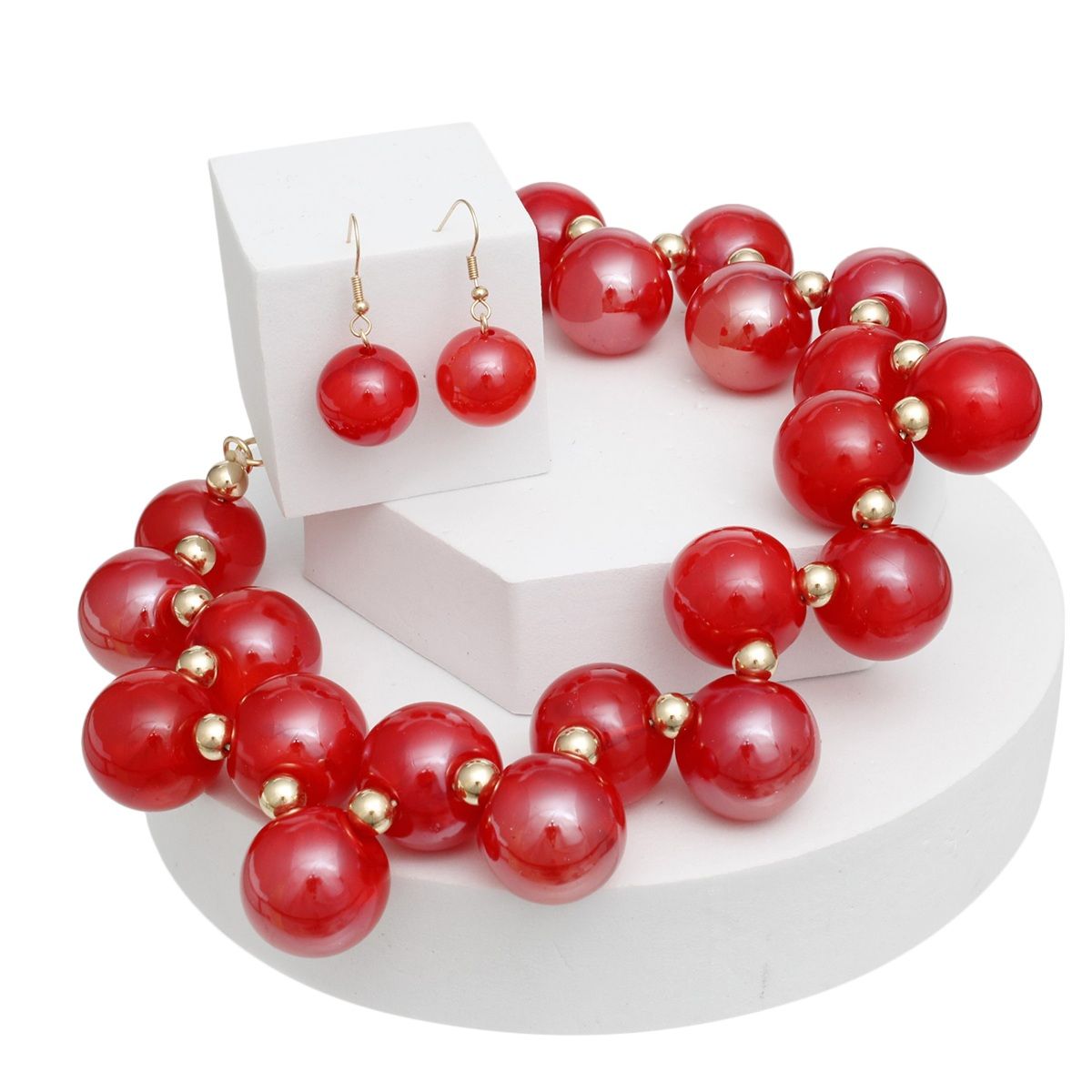 Necklace Red Swirled Marble Bubble Ball Bead Set