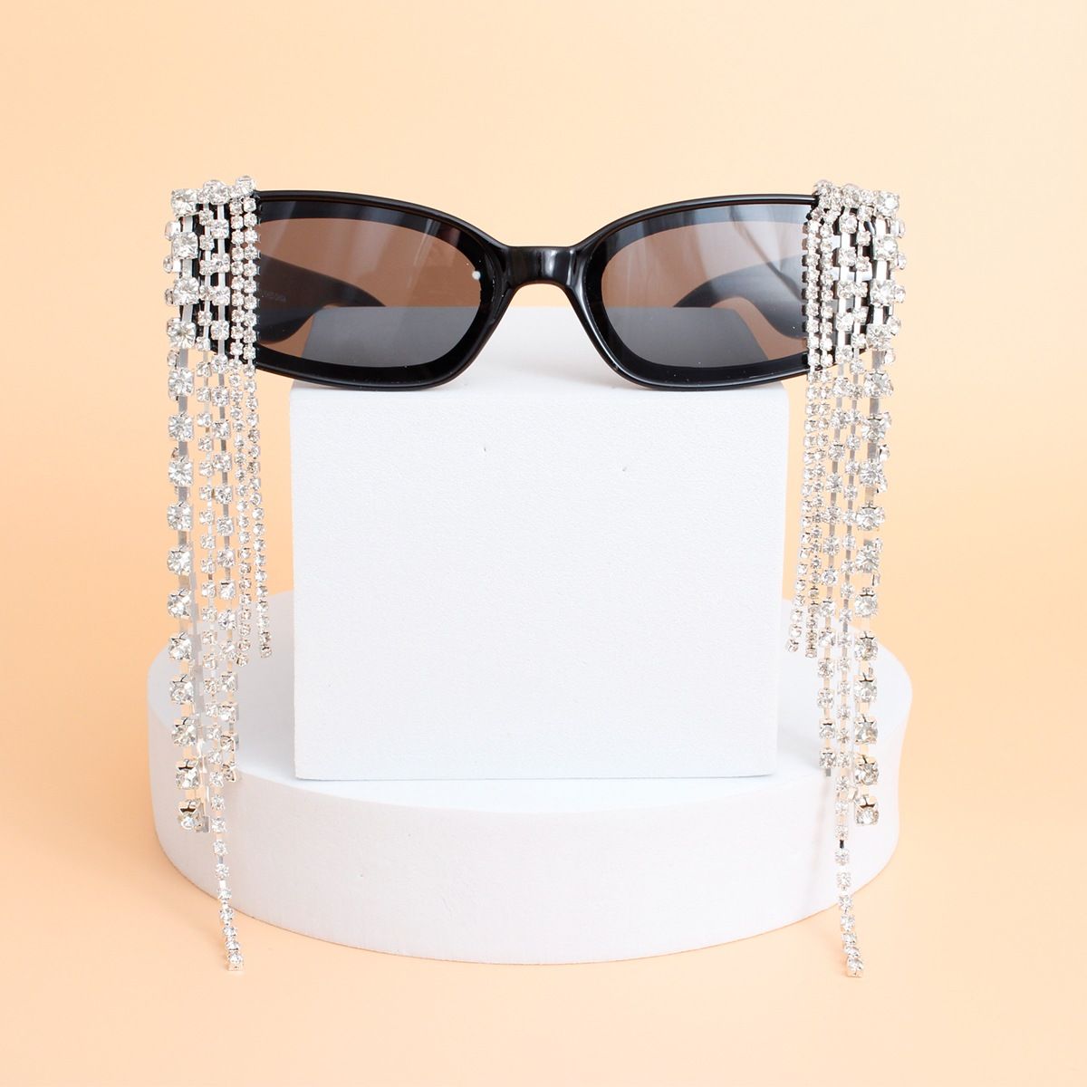 Sunglasses Black Rectangle Rhinestone Fringe