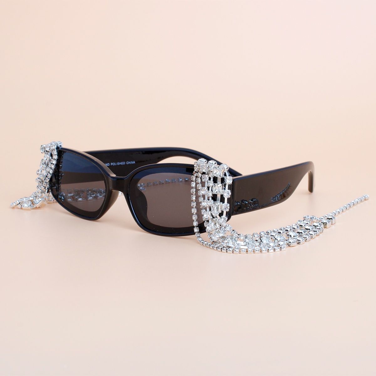 Sunglasses Black Rectangle Rhinestone Fringe