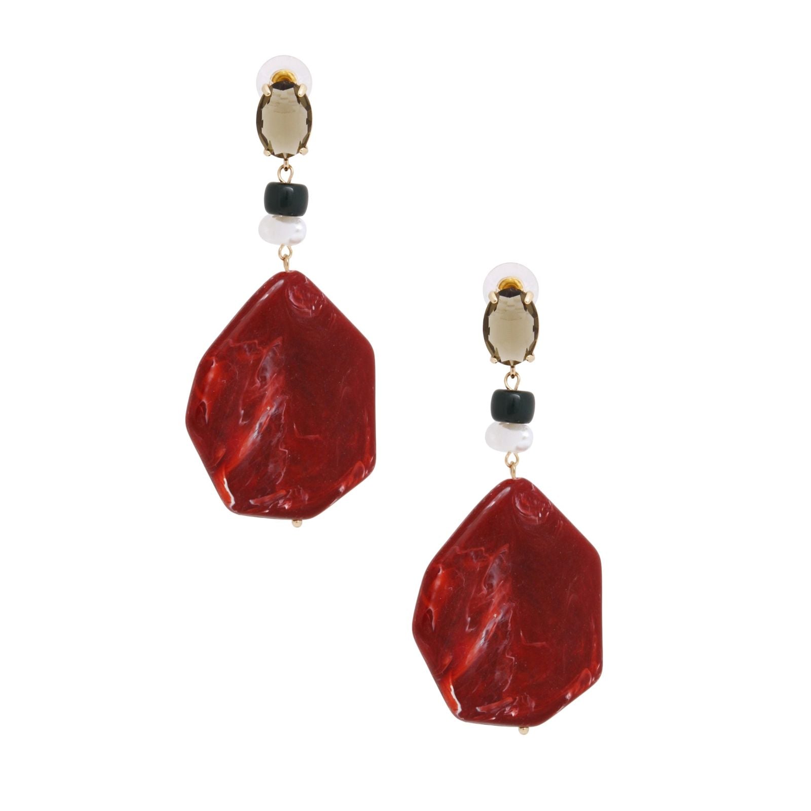 Dangle Red Marble and Olive Oval Crystal Earrings