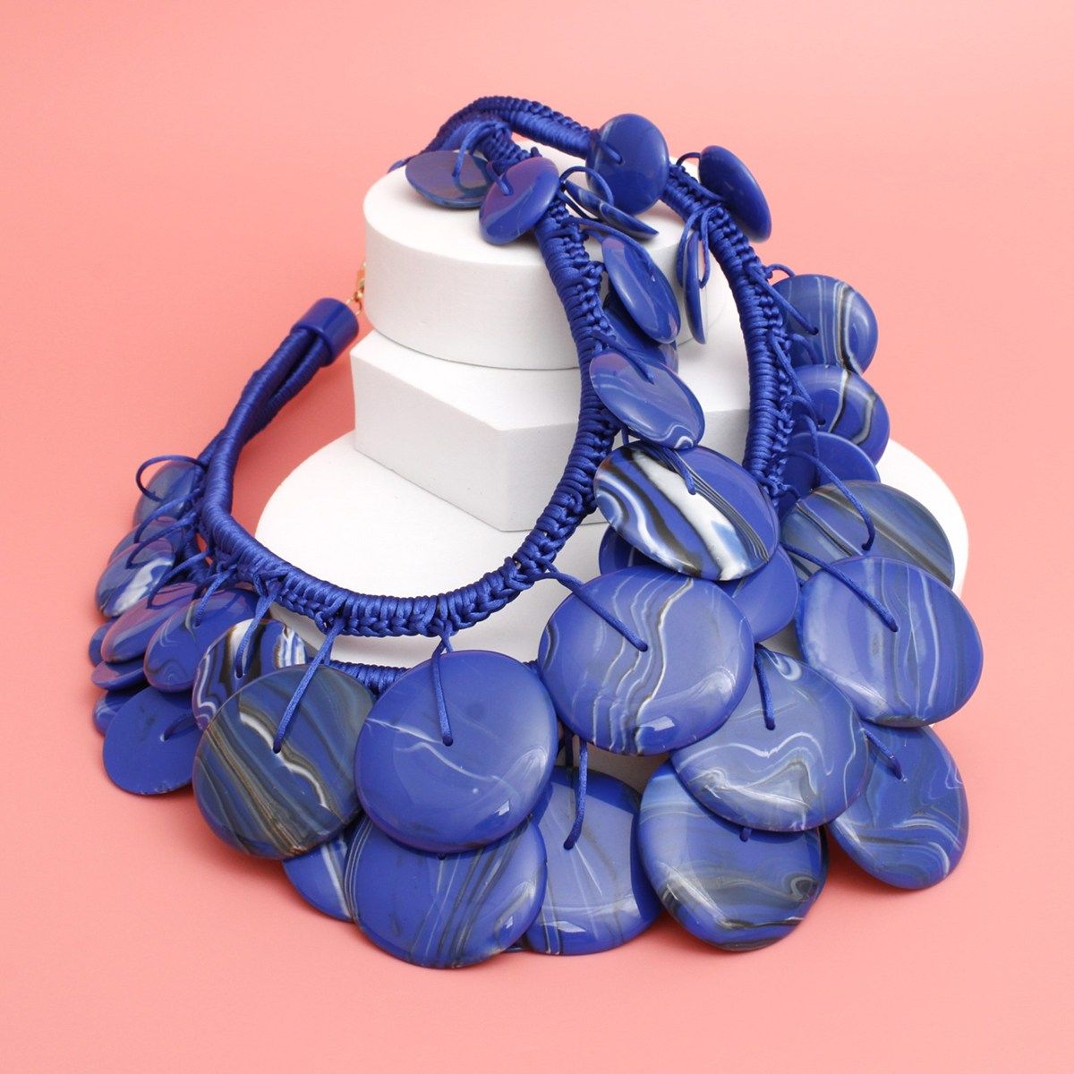 Bib Blue Dramatic Long Cord Disc Necklace Women