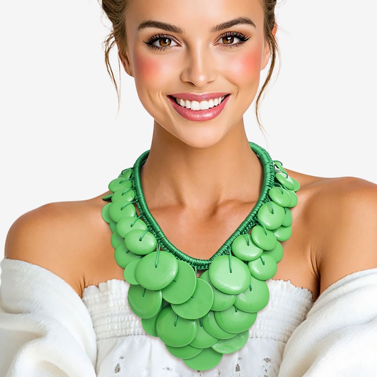 Bib Green Dramatic Long Cord Disc Necklace Women