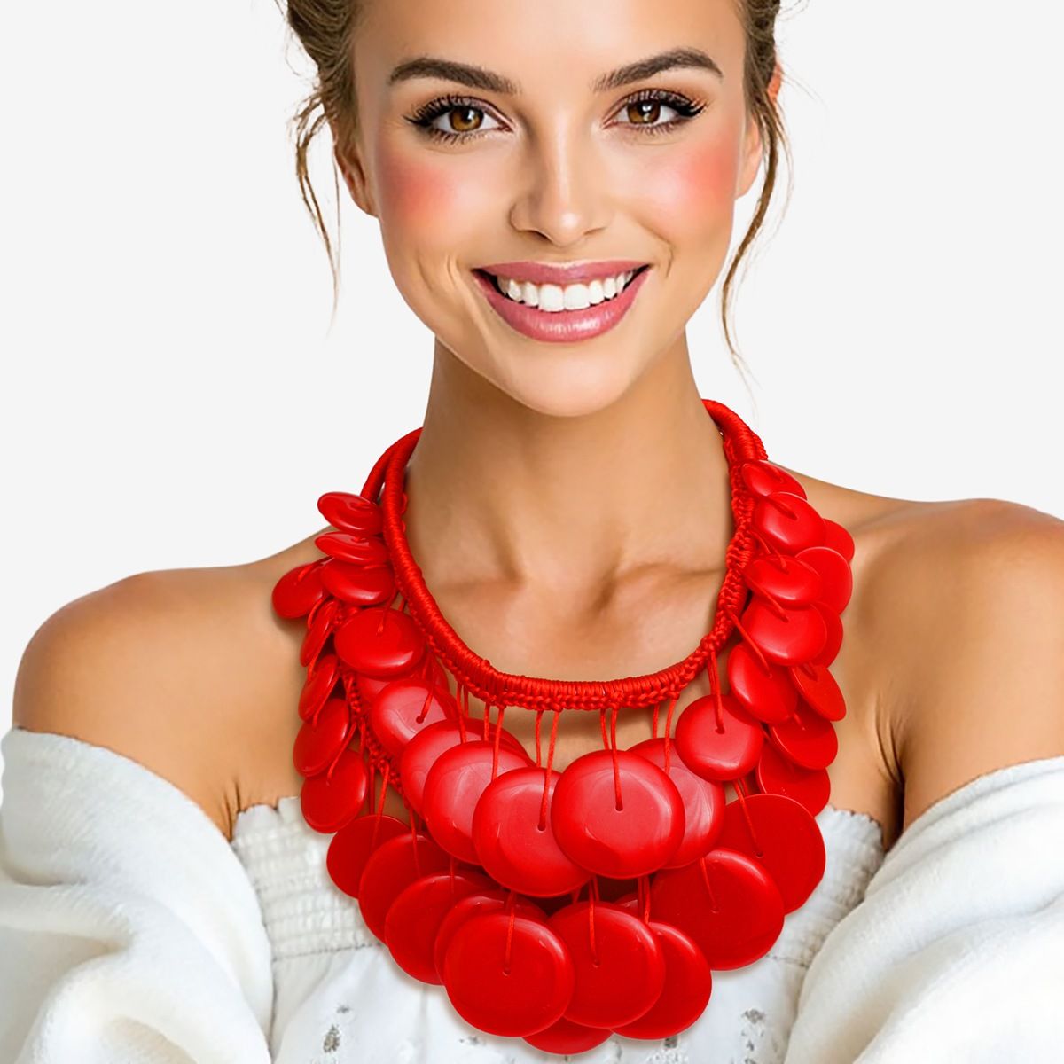 Bib Red Dramatic Long Cord Disc Necklace Women