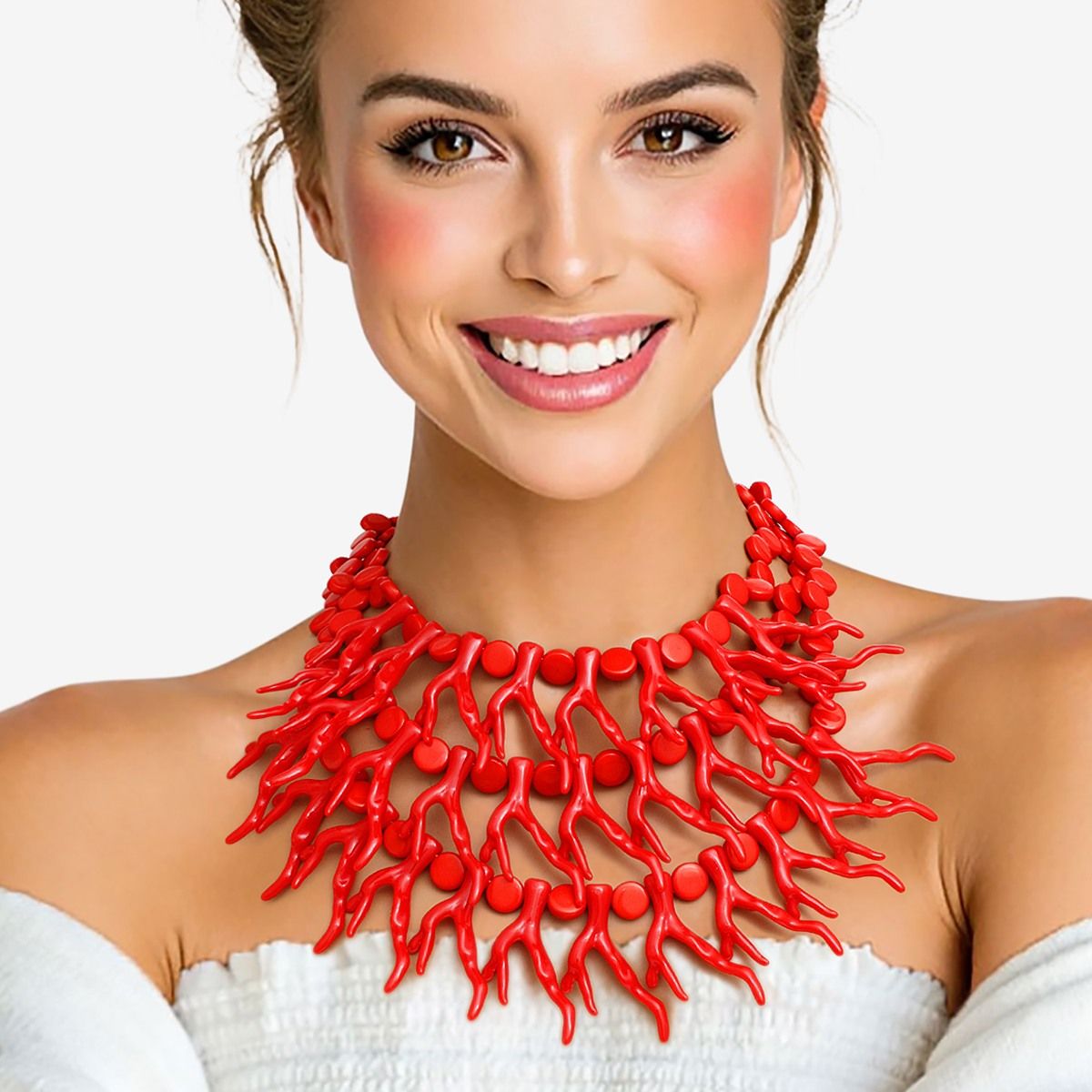 Bib Red Coral Coastal Chic Bead Necklace for Women